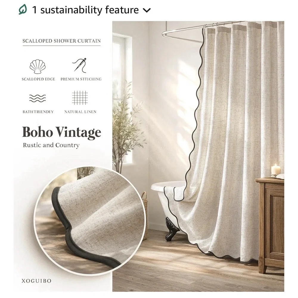 Extra Long Boho Shower Curtain - 90 Inch Long Scalloped Linen Textured Thick NIB